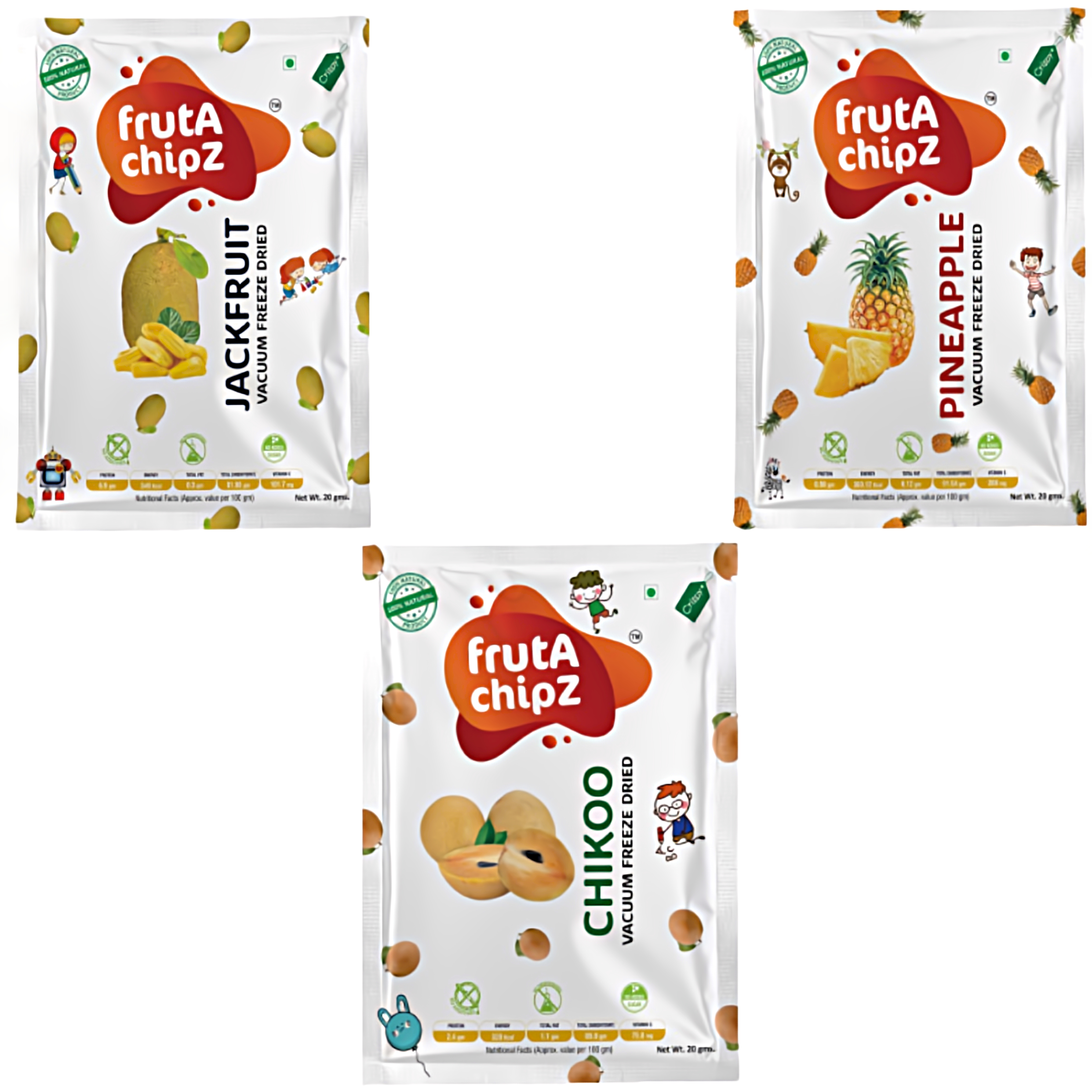 frutA chipZ Freeze Dried Chikoo 20 Gms/ JackFruit 20 Gms/ Pineapple 20 Gms  | 100% Natural | Healthy Fruit Chips | Ready to EAT | Crunchy |